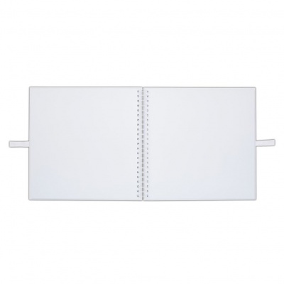 Caderno branco aberto com espiral e abas laterais