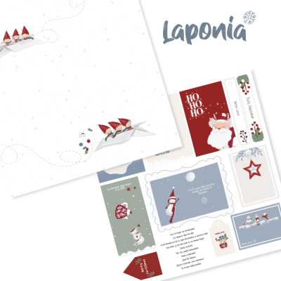 Papel de embrulho e etiquetas de Natal com elfos, Pai Natal, e texto Laponia.