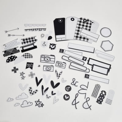 Etiquetas e autocolantes em preto e branco com vários padrões e formas