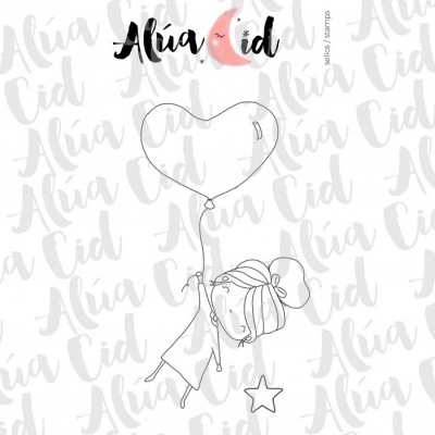Desenho preto e branco de menina com balão de coração e estrela, fundo branco e texto 'Alúa Cid'.