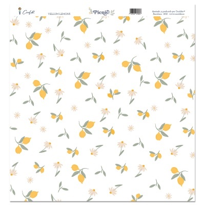 Papel decorativo com padrão de limões e folhas em fundo branco