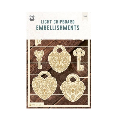 Enfeites em cartão prensado claro com chaves e cadeados decorativos em embalagem branca