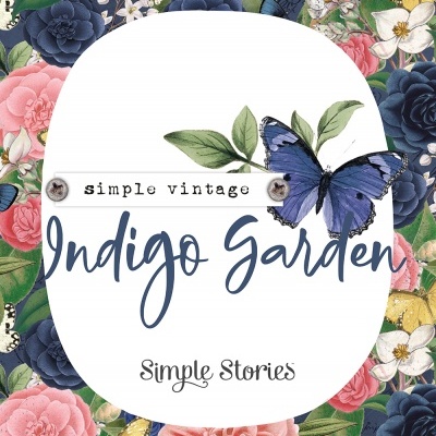 Padrão floral colorido com texto Indigo Garden em etiqueta branca