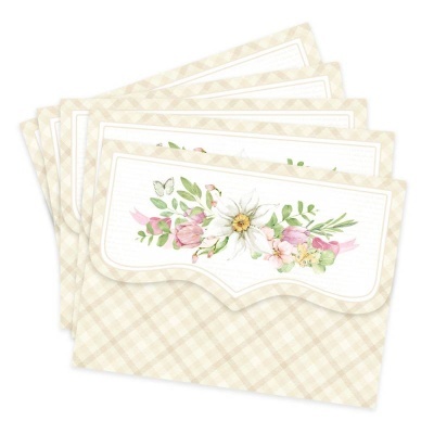 Conjunto de envelopes com padrão xadrez bege e faixa floral colorida