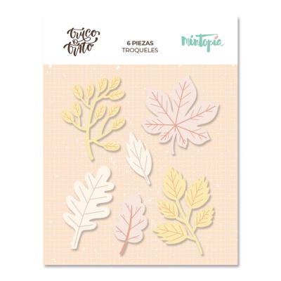 Conjunto de 6 troqueles em forma de folhas coloridas pastel com texto e marcas em fundo branco e pêssego