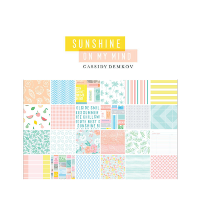 Conjunto de papéis decorativos com padrões variados em tons pastel e texto SUNSHINE ON MY MIND