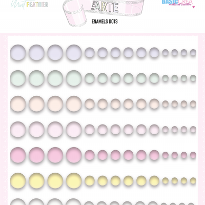 Cartaz com conjunto de pontos esmaltados coloridos organizados em filas e tamanhos variados