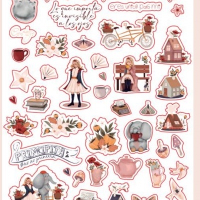 Folha de autocolantes vintage com elefantes, flores, casas, e frases em espanhol