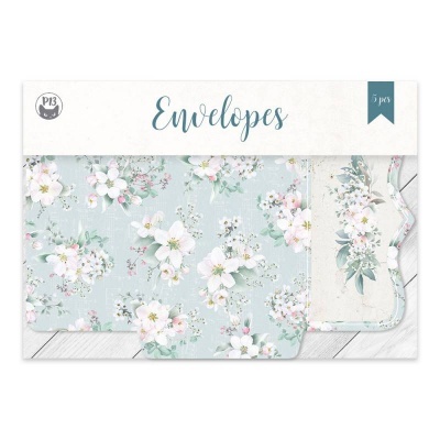 Pacote de cinco envelopes decorativos azuis com flores brancas e rosas, embalagem branca com texto