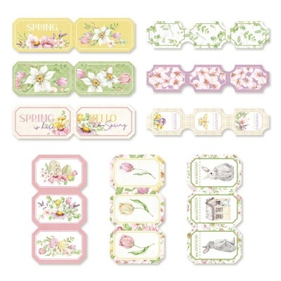 Etiquetas decorativas primavera com flores, coelhos e texto em tons pastel