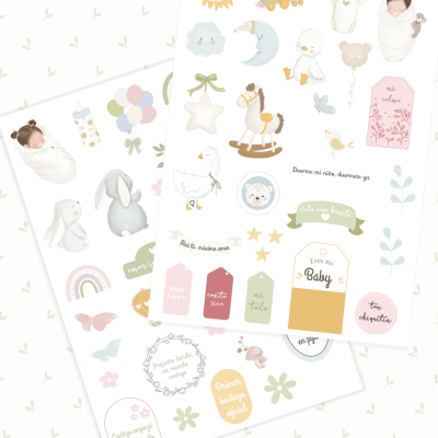 Folhas de autocolantes recortados com ilustrações infantis e texto em espanhol.