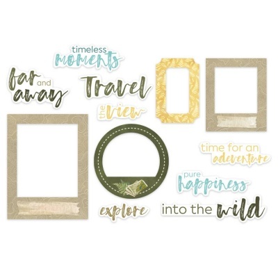 Elementos decorativos para scrapbooking com molduras e frases em inglês relacionadas a viagens