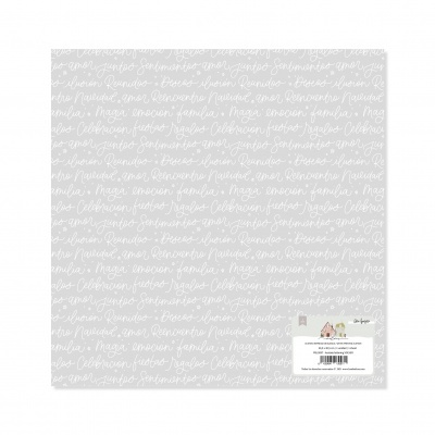 Folha decorativa cinza com palavras manuscritas em branco e embalagem com código de barras