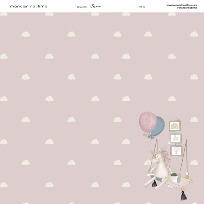 Papel de parede rosa claro com nuvens brancas e desenho de unicórnio num baloiço com balões
