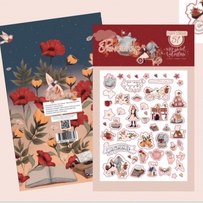 Conjunto de autocolantes Princesas com 51 peças com design colorido e fundo florido com livro aberto