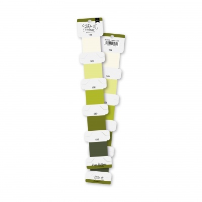 Cartela de amostras de fios verde e amarelo com etiquetas numeradas e textos Studio Stash It e Love Pattern