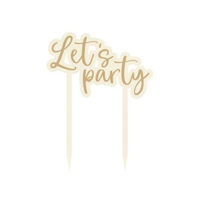 Topo de bolo 'Let's party' dourado com dois suportes para espetar
