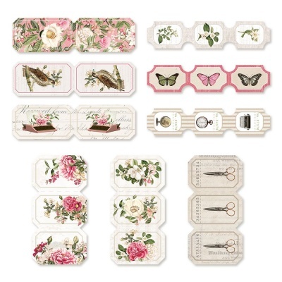 Etiquetas adesivas decorativas com vários desenhos florais e vintage.