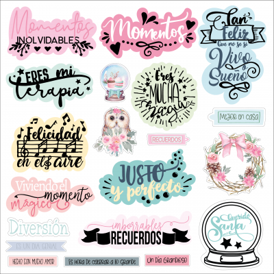 Etiquetas decorativas coloridas com textos em espanhol e ilustrações de coruja, bola de neve e coroa de flores