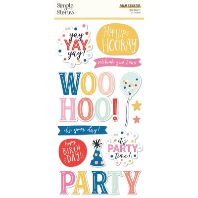 Autocolantes de espuma coloridos com frases de festa e desenhos festivos