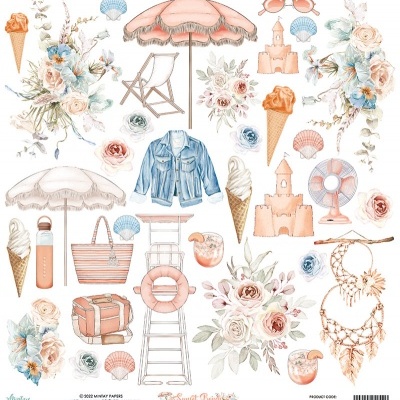 Desenhos aquarelados de artigos e elementos de praia e verão como guarda-sóis, flores, casacos de ganga e gelados.