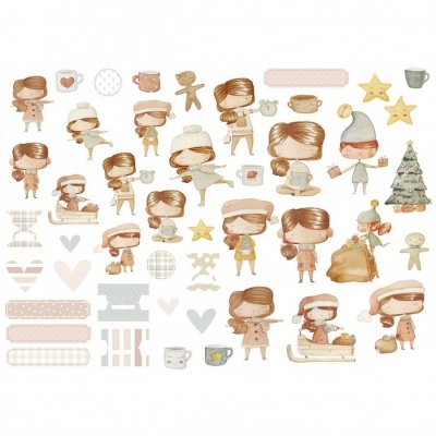 Ilustrações de bonecos femininos e elementos natalícios em tons pastel