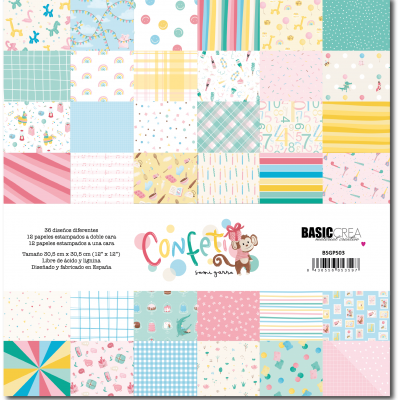 Papéis estampados coloridos variados com desenhos e texto Confetti