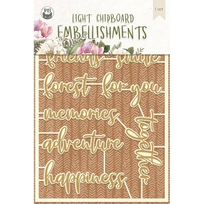 Conjunto de embellishments em chipboard com palavras em inglês para decoração