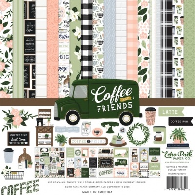 Kit de scrapbooking com padrões e stickers de café e flores com textos em inglês