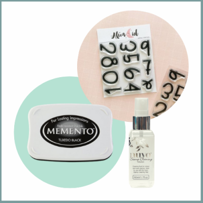 almofada carimbo preta, carimbos silicone números, frasco spray limpeza