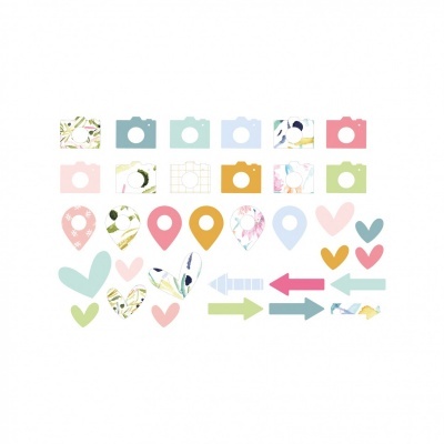 Autocolantes digitais de câmaras, corações e setas em várias cores e padrões