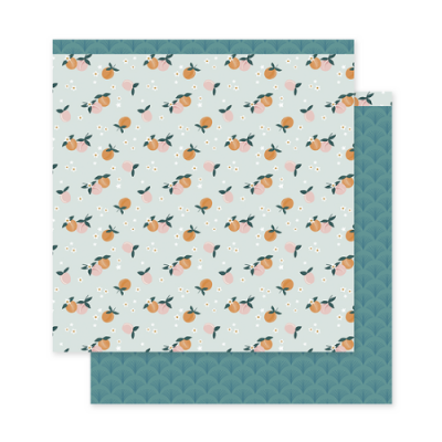 Papel decorativo com padrão de laranjas e fundo azul