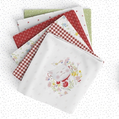 Conjunto de tecido algodão com padrões florais, xadrez e estampa de gato branco sorridente