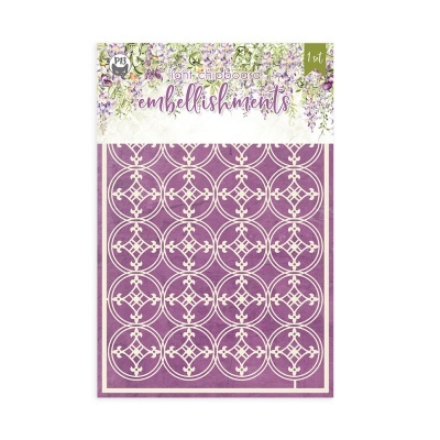 Embalagem vermelha e branca com padrões circulares em chipboard, texto e decoração floral