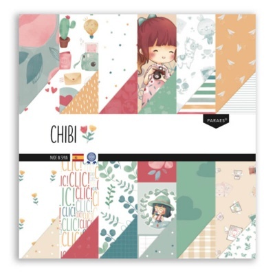 Papel decorativo para scrapbooking com várias ilustrações e padrões coloridos