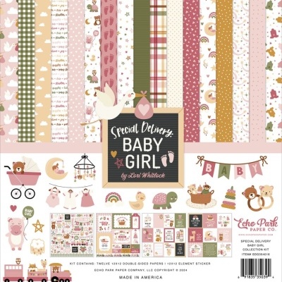 Coleção de papel decorativo e adesivos para bebé, com temas rosa, verde e bege