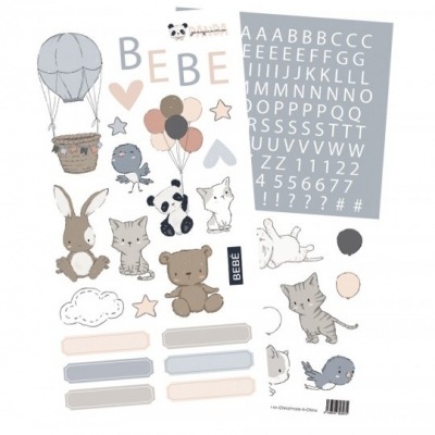 Folhas de autocolantes com desenhos de animais e letras em tons pastel