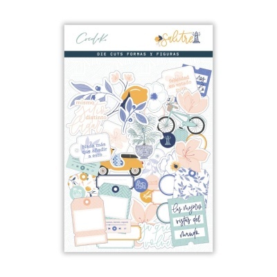 Conjunto de die cuts com formas diversas e textos em espanhol em fundo branco