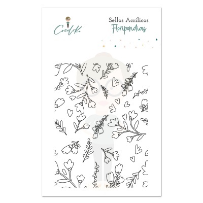 Conjunto de selos acrílicos com padrão de folhas e corações e texto Sellos Acrílicos Floripondias