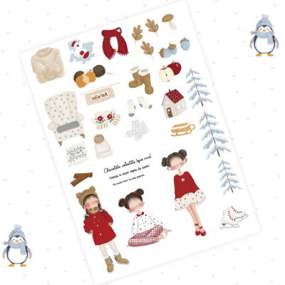 ilustrações variadas de inverno com crianças, objetos, pinguins e decoração sobre fundo branco