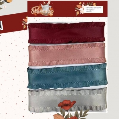 Conjunto de quatro faixas elásticas de cetim coloridas com embalagem floral