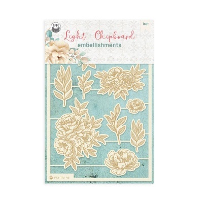 Conjunto Light Chipboard embellishments com flores e folhas bege