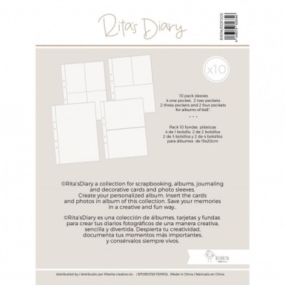 Embalagem de fundas plásticas Rita's Diary para scrapbooking com descrição e código de barras