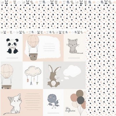 Papel ou tecido com desenhos infantis e padrão de bolinhas