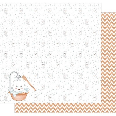 Papel de parede ou tecido com padrão de ursinhos e bolhas e padrão ziguezague laranja e branco no verso