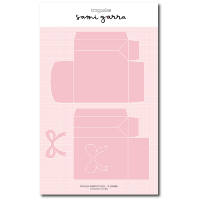 Molde rosa para corte e montagem com desenho de laço e tesoura