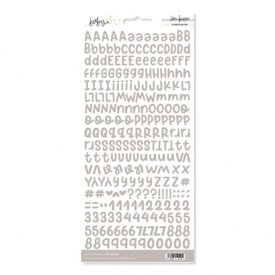 Folha de autocolantes com letras e números bege claro, embalagem com texto 'Belly Bini' e 'Las flores'