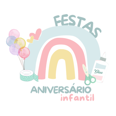 Desenho de materiais para festa com texto FESTAS ANIVERSÁRIO infantil e arco-íris colorido