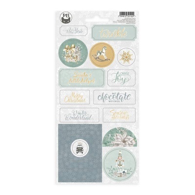 Folha de autocolantes decorativos de Natal com textos e ilustrações em tons pastel