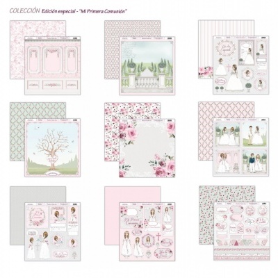 Coleção especial de papelaria com temas de comunhão em rosa, verde e bege, com desenhos de crianças e padrões florais.